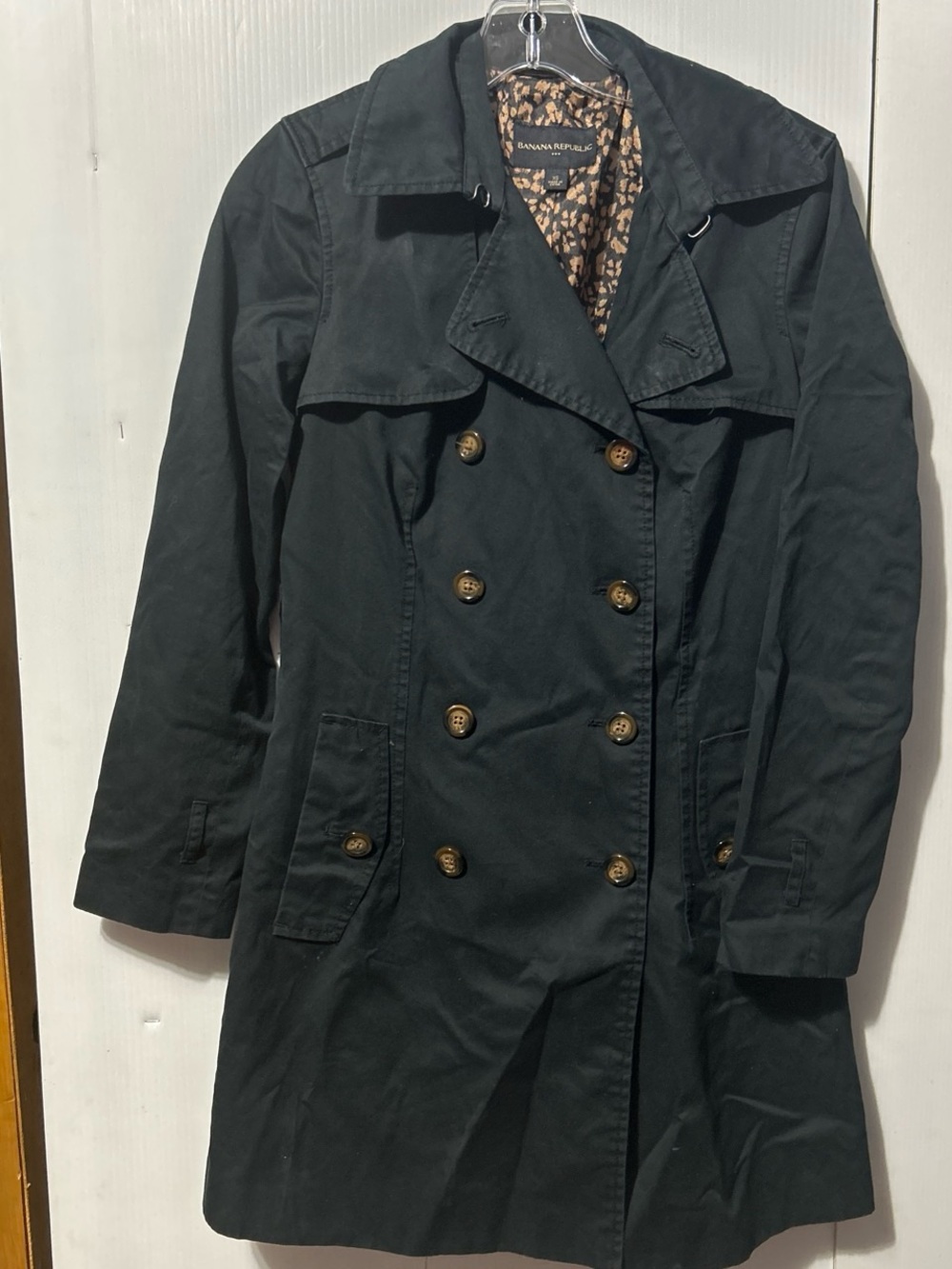 Banana Republic Black Double-Breasted Trench with Leopard-Print Lining